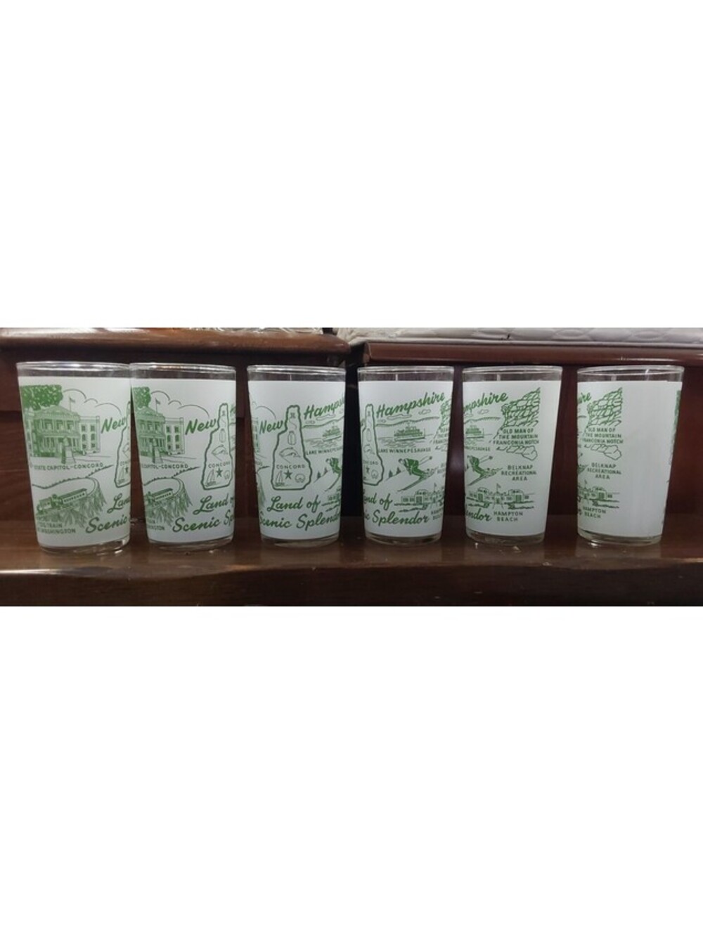 Set of 6 Vintage New Hampshire Land of Scenic Splendor Frosted Souvenir Glasses